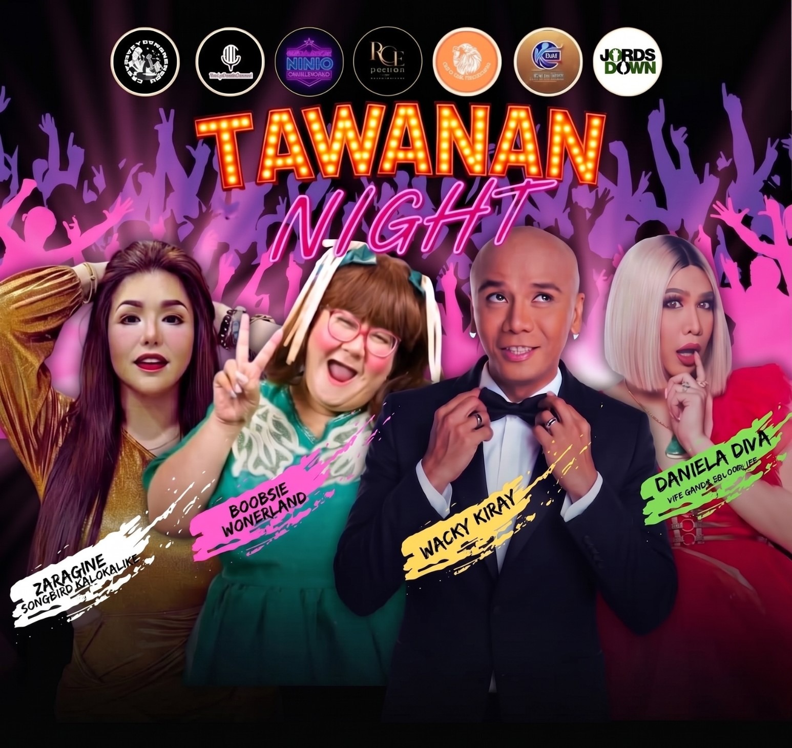 Tawanan Night live comedy show poster featuring Zaragine, Boobsie Wonerland, Wacky Kiray, and Daniela Diva — Kelowna, November 21